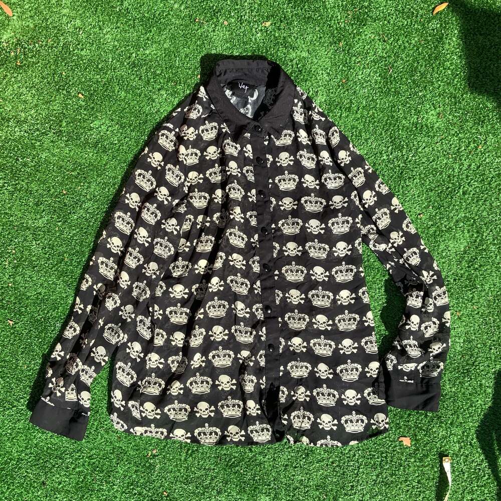 WET Sheer Chiffon Skull and Crown Print Button Up Blouse with Collar